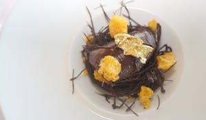 Esca Bimbadgen Smoked Chocolate Mousse - Cognac brownie soil, orange gel, freeze dried mandarin